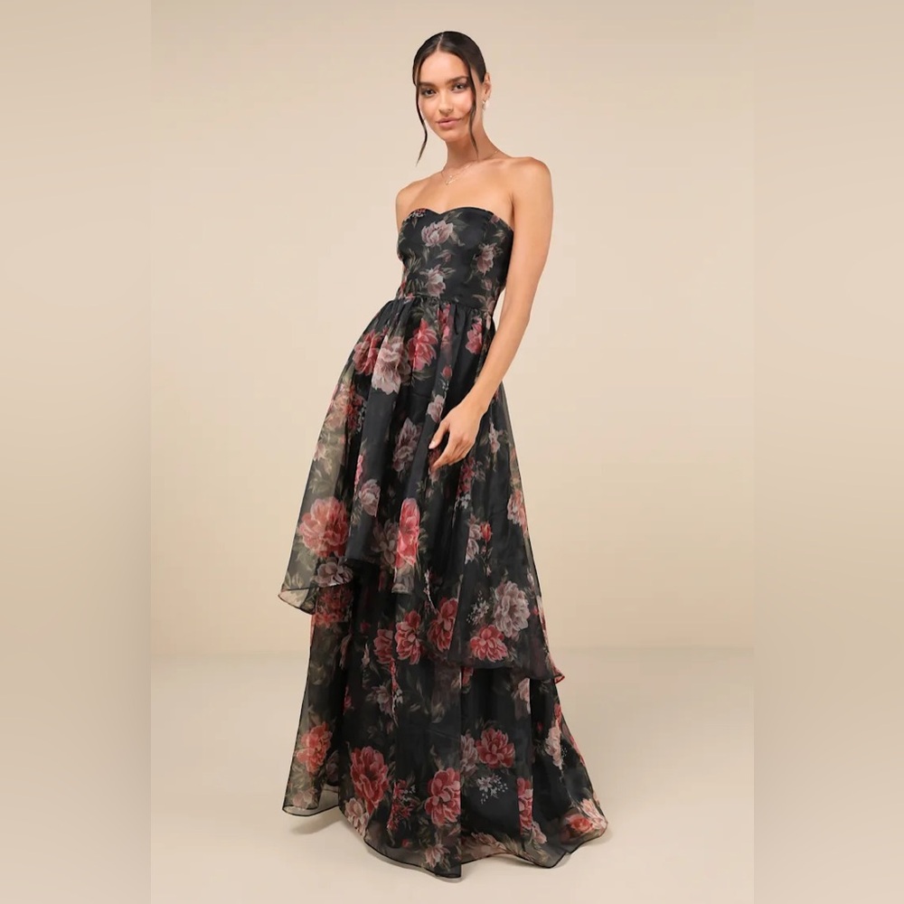 Lulus Truly Extraordinary Black Floral Organza Strapless Maxi Dress - NWT